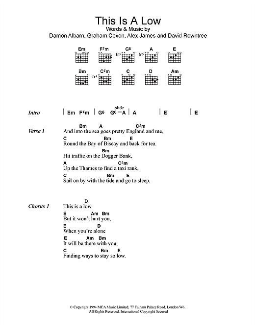 Preview Blur This Is A Low Rock sheet music, notes and chords for Guitar Tab, SKU: 36414 This Is A Low sheet music
