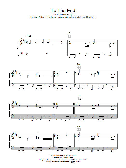 Blur To The End Sheet Music Notes & Chords for Piano, Vocal & Guitar (Right-Hand Melody) - Download or Print PDF