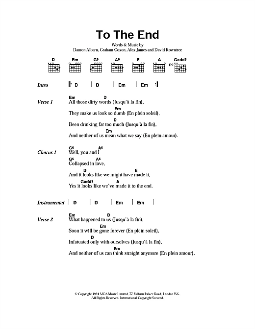 Preview Blur To The End Rock sheet music, notes and chords for Piano, Vocal & Guitar (Right-Hand Melody), SKU: 49350 To The End sheet music