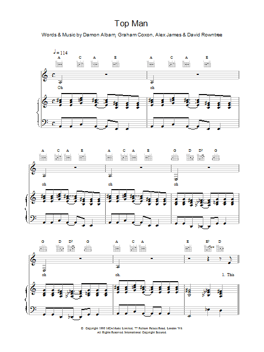 Blur Top Man Sheet Music Notes & Chords for Piano, Vocal & Guitar - Download or Print PDF