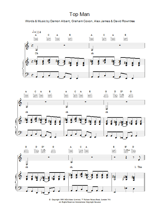 Blur Top Man Sheet Music Notes & Chords for Lyrics & Chords - Download or Print PDF