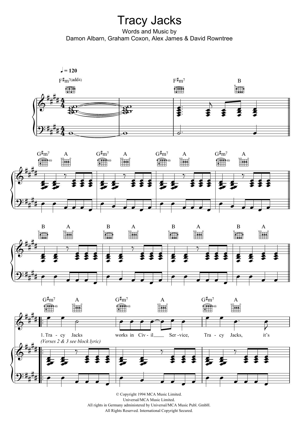 Blur Tracy Jacks Sheet Music Notes & Chords for Piano, Vocal & Guitar - Download or Print PDF