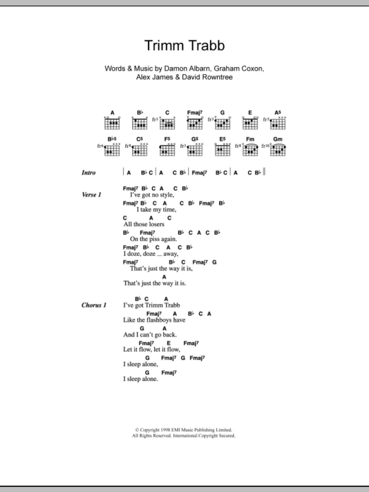 Blur Trimm Trabb Sheet Music Notes & Chords for Lyrics & Chords - Download or Print PDF