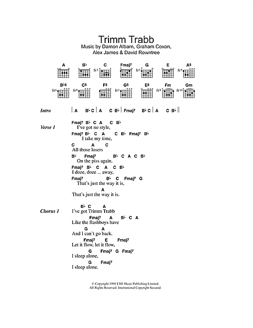 Blur Trimm Trabb Sheet Music Notes & Chords for Lyrics & Chords - Download or Print PDF