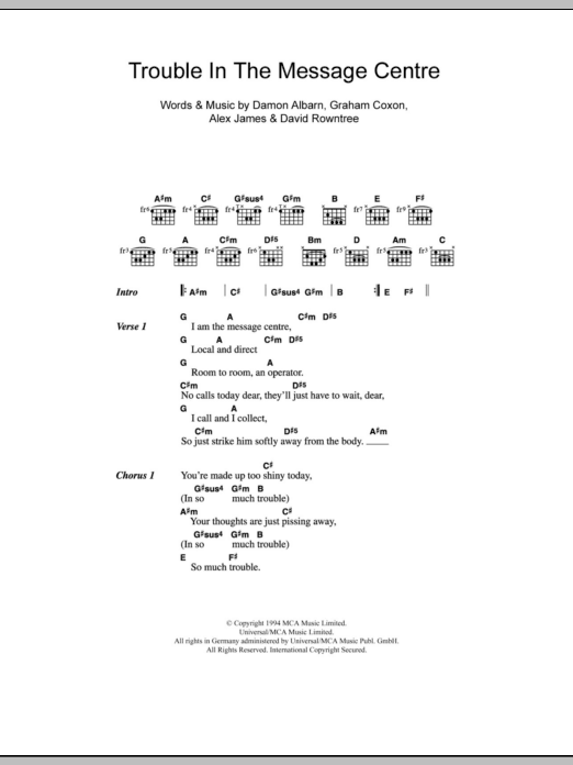 Blur Trouble In The Message Centre Sheet Music Notes & Chords for Piano, Vocal & Guitar - Download or Print PDF