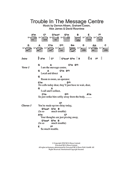 Blur Trouble In The Message Centre Sheet Music Notes & Chords for Lyrics & Chords - Download or Print PDF