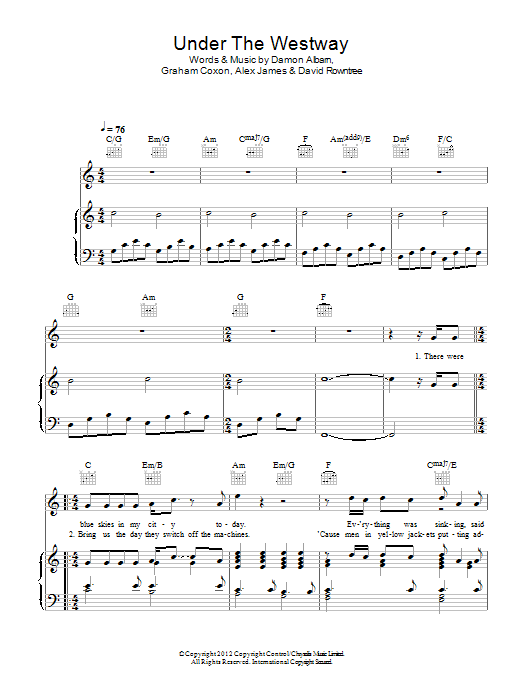 Blur Under The Westway Sheet Music Notes & Chords for Piano, Vocal & Guitar (Right-Hand Melody) - Download or Print PDF