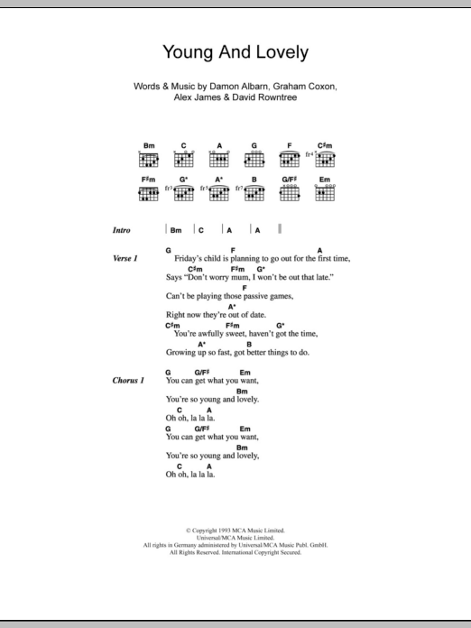 Blur Young And Lovely Sheet Music Notes & Chords for Lyrics & Chords - Download or Print PDF