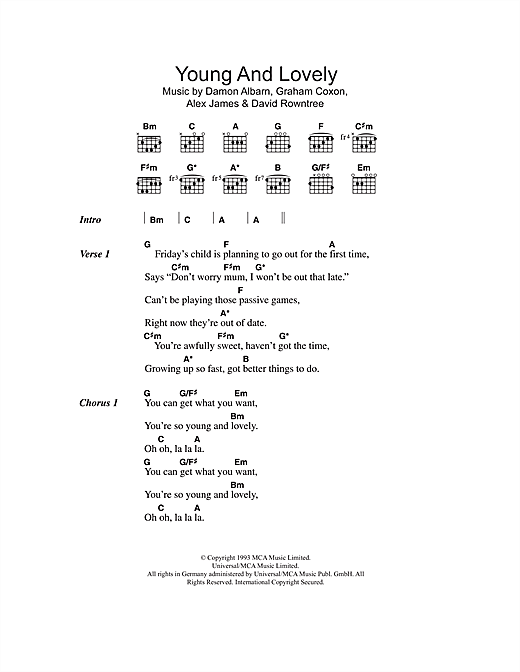 Blur Young And Lovely Sheet Music Notes & Chords for Lyrics & Chords - Download or Print PDF
