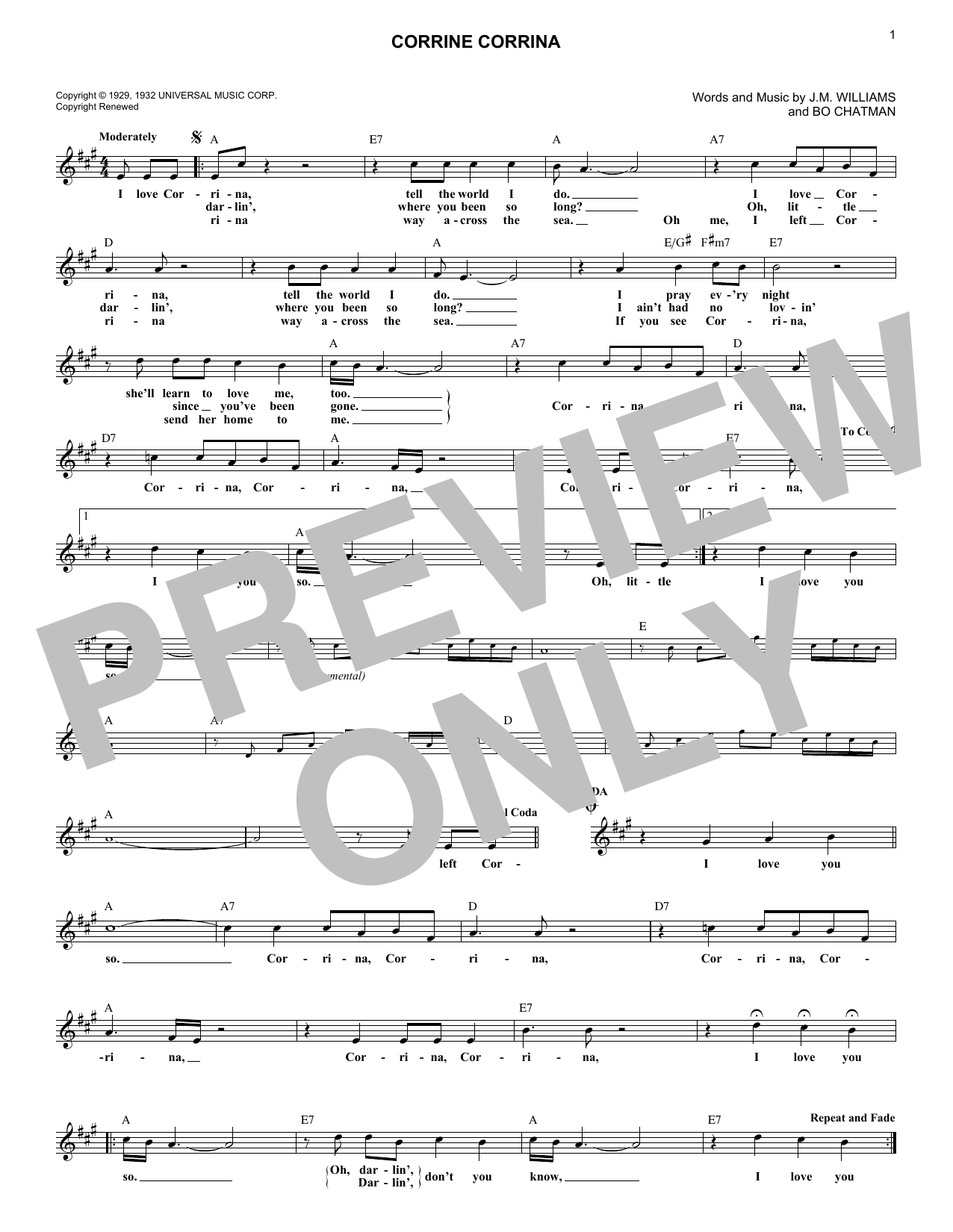 Bo Chatman Corrine Corrina Sheet Music Notes & Chords for Melody Line, Lyrics & Chords - Download or Print PDF