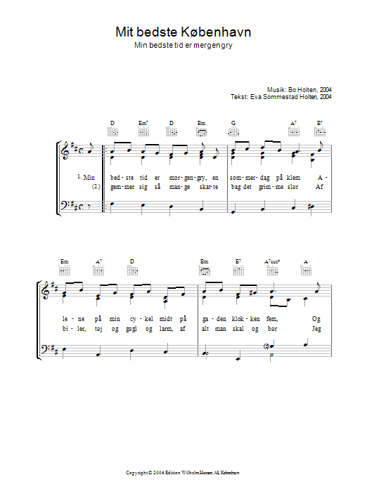 Bo Holten Mit Bedste København Sheet Music Notes & Chords for Piano, Vocal & Guitar (Right-Hand Melody) - Download or Print PDF