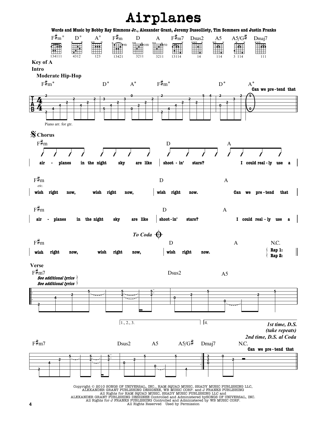 B.o.B. Airplanes (feat. Hayley Williams) Sheet Music Notes & Chords for Guitar Lead Sheet - Download or Print PDF