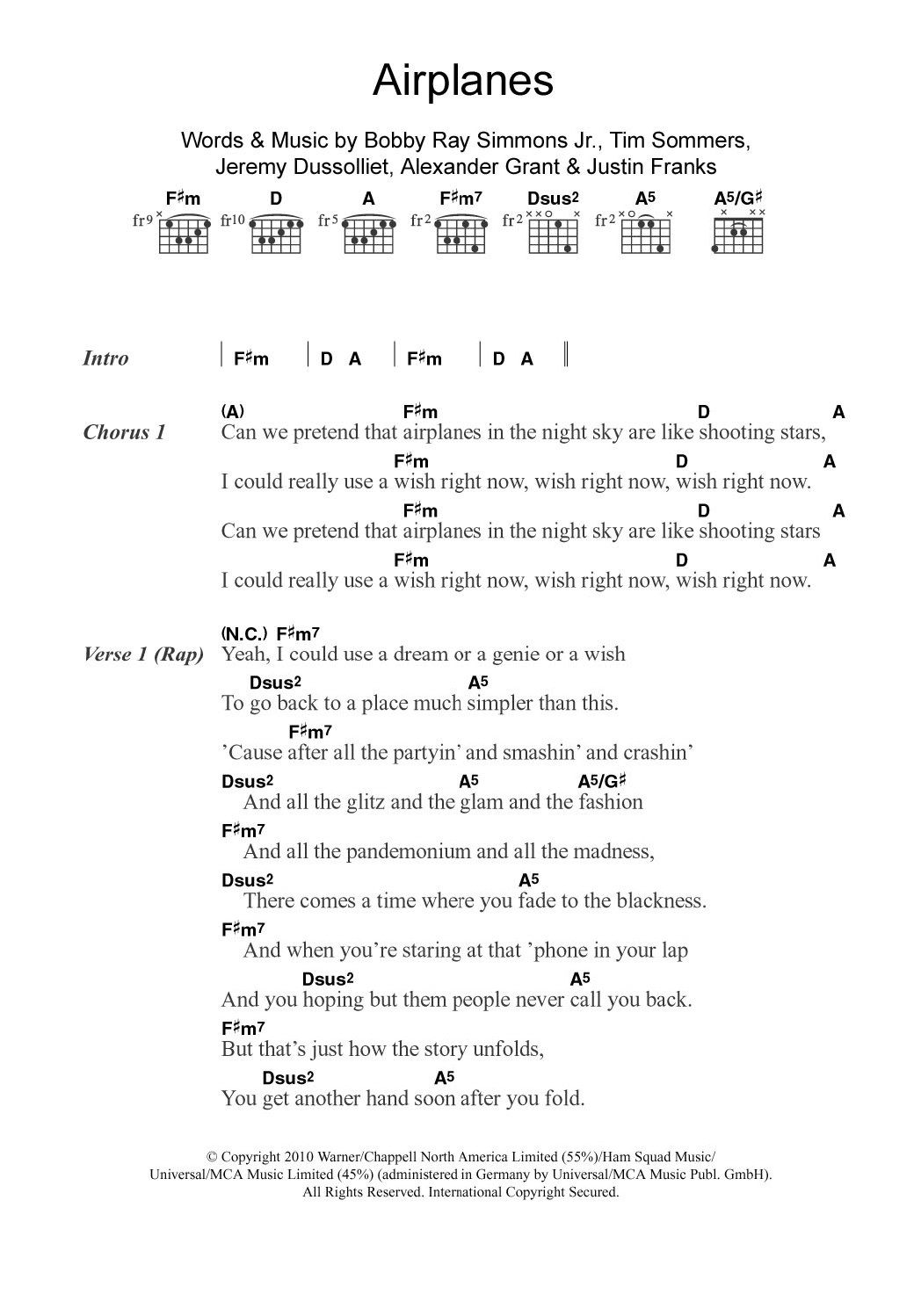B.o.B Airplanes (featuring Hayley Williams) Sheet Music Notes & Chords for Guitar Chords/Lyrics - Download or Print PDF