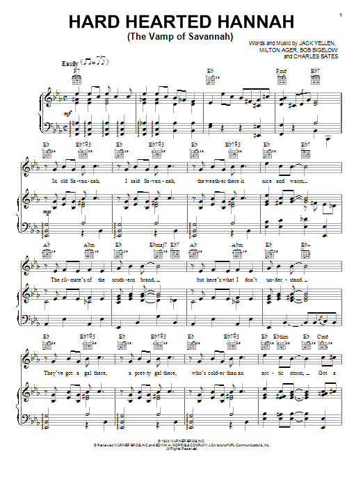 Bob Bigelow Hard Hearted Hannah (The Vamp Of Savannah) Sheet Music Notes & Chords for Piano, Vocal & Guitar (Right-Hand Melody) - Download or Print PDF