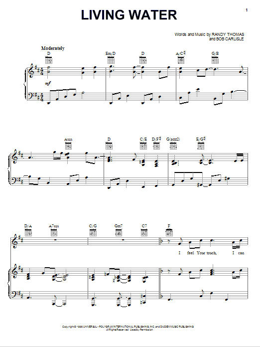 Bob Carlisle Living Water Sheet Music Notes & Chords for Piano, Vocal & Guitar (Right-Hand Melody) - Download or Print PDF