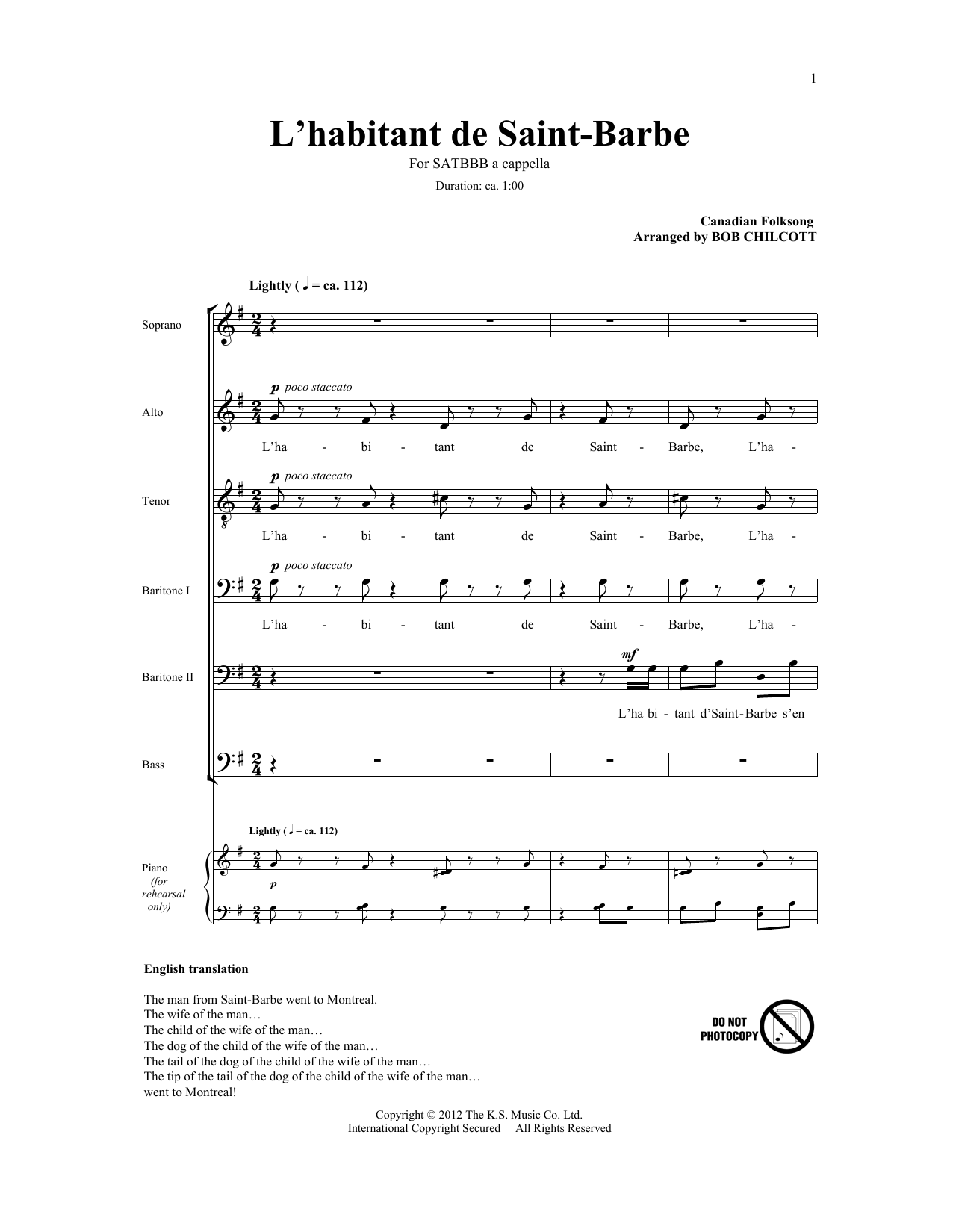 Bob Chilcott L'Habitant De Saint Barbe Sheet Music Notes & Chords for SATB - Download or Print PDF