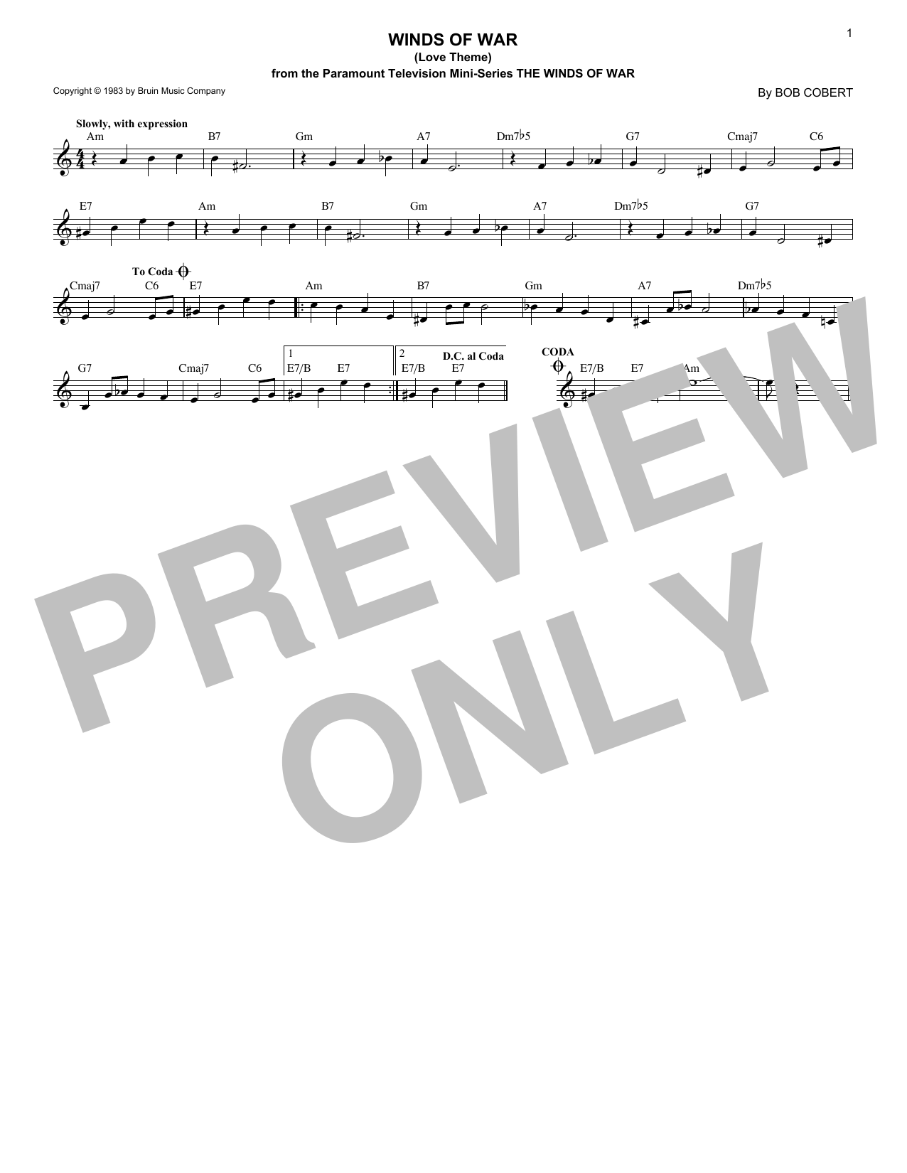 Bob Cobert Winds Of War (Love Theme) Sheet Music Notes & Chords for Lead Sheet / Fake Book - Download or Print PDF