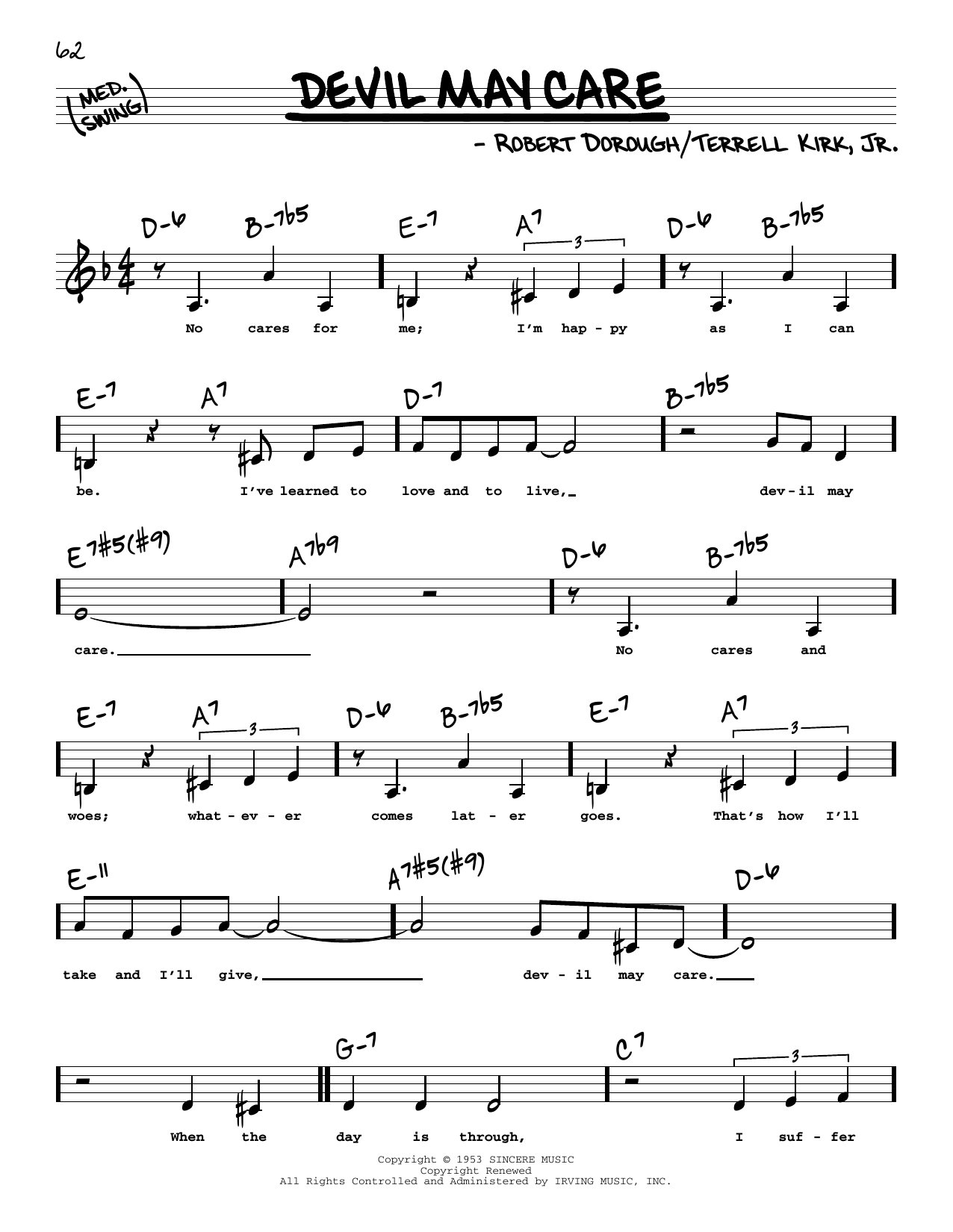 Bob Dorough Devil May Care (Low Voice) Sheet Music Notes & Chords for Real Book – Melody, Lyrics & Chords - Download or Print PDF