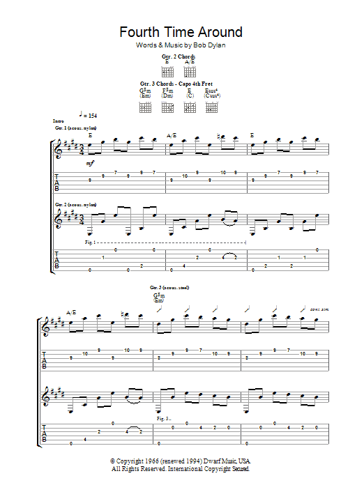 Bob Dylan 4th Time Around Sheet Music Notes & Chords for Guitar Tab - Download or Print PDF