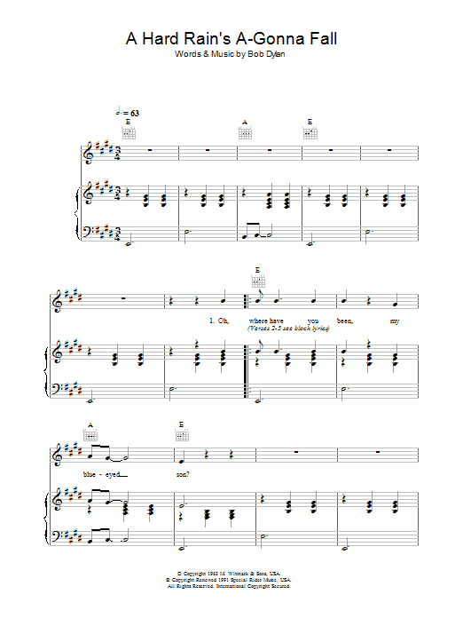 Bob Dylan A Hard Rain's A-Gonna Fall Sheet Music Notes & Chords for Lyrics & Chords - Download or Print PDF