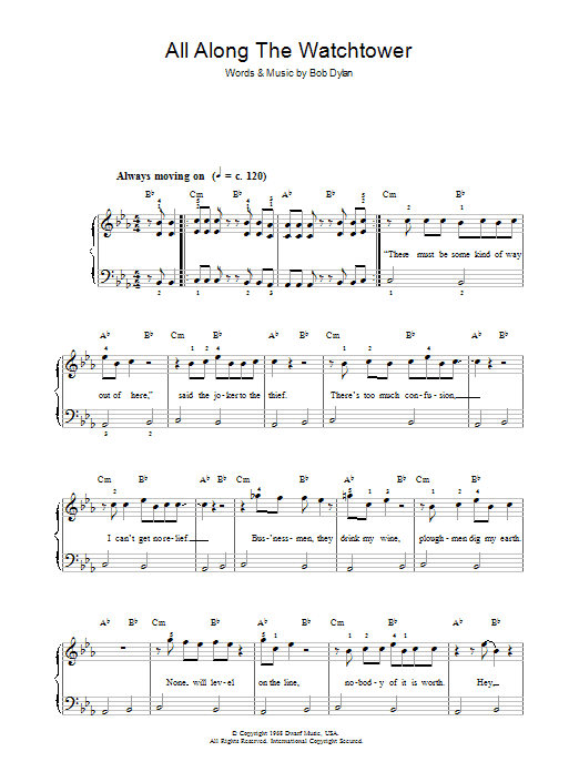 Bob Dylan All Along The Watchtower Sheet Music Notes & Chords for Beginner Piano - Download or Print PDF