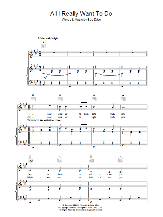 Bob Dylan All I Really Want To Do Sheet Music Notes & Chords for Lyrics & Chords - Download or Print PDF