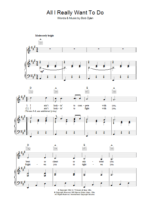 Bob Dylan All I Really Want To Do Sheet Music Notes & Chords for Piano, Vocal & Guitar (Right-Hand Melody) - Download or Print PDF