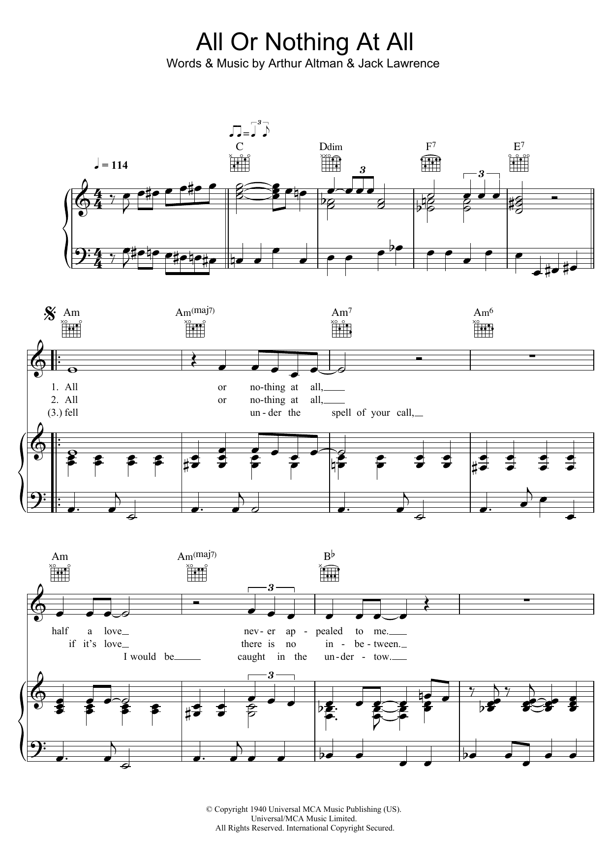 Bob Dylan All Or Nothing At All Sheet Music Notes & Chords for Piano, Vocal & Guitar (Right-Hand Melody) - Download or Print PDF