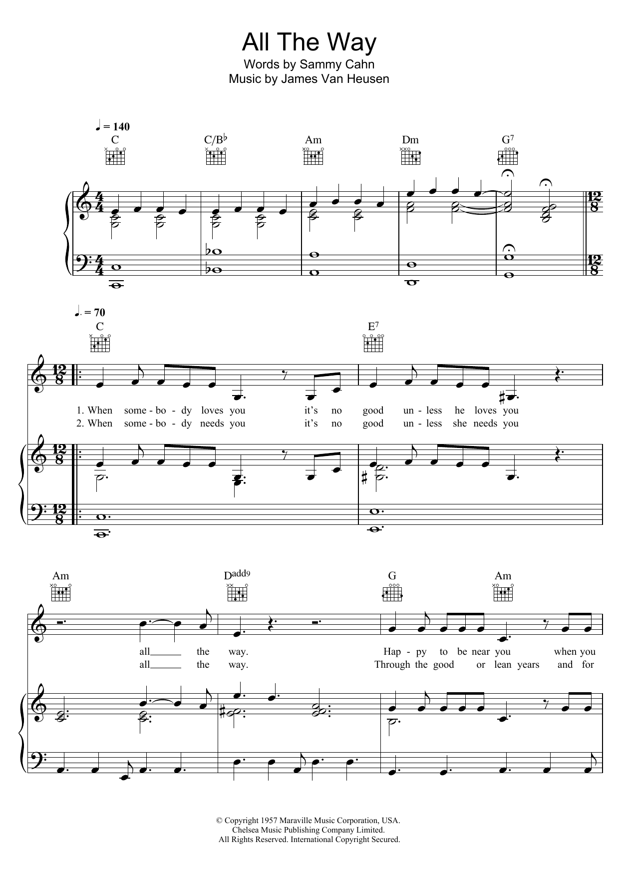 Bob Dylan All The Way Sheet Music Notes & Chords for Piano, Vocal & Guitar (Right-Hand Melody) - Download or Print PDF