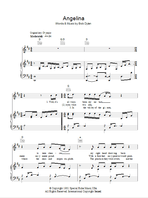 Bob Dylan Angelina Sheet Music Notes & Chords for Piano, Vocal & Guitar (Right-Hand Melody) - Download or Print PDF