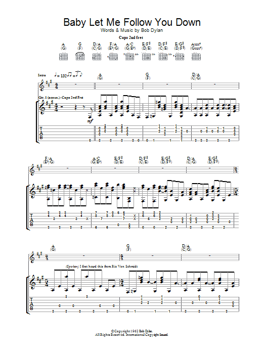 Bob Dylan Baby Let Me Follow You Down Sheet Music Notes & Chords for Guitar Tab - Download or Print PDF