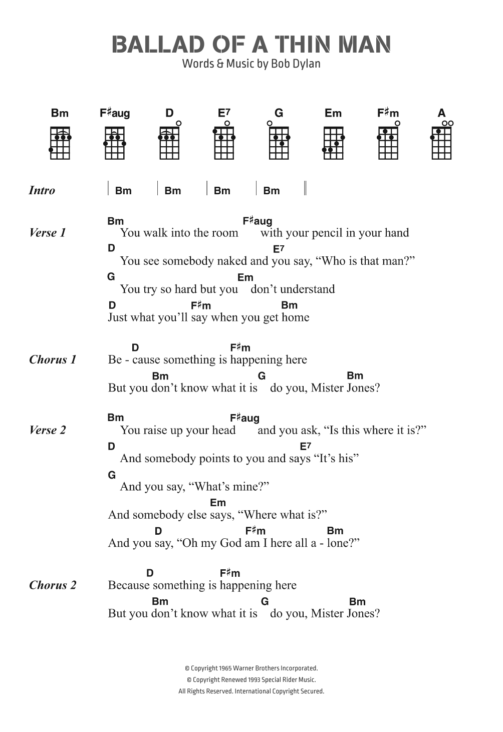 Bob Dylan Ballad Of A Thin Man Sheet Music Notes & Chords for Ukulele Lyrics & Chords - Download or Print PDF