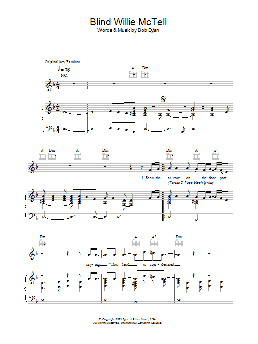 Bob Dylan Blind Willie McTell Sheet Music Notes & Chords for Piano - Download or Print PDF