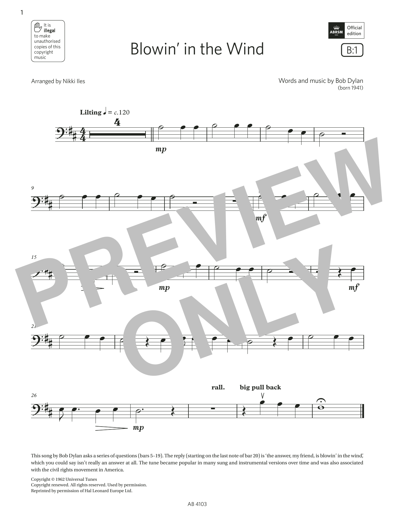 Bob Dylan Blowin' in the wind (Grade Initial, B1, from the ABRSM Cello Syllabus from 2024) Sheet Music Notes & Chords for Cello Solo - Download or Print PDF