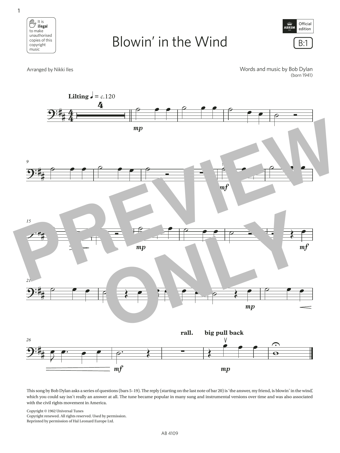 Bob Dylan Blowin' in the Wind (Grade Initial, B1, from the ABRSM Double Bass Syllabus from 2024) Sheet Music Notes & Chords for String Bass Solo - Download or Print PDF