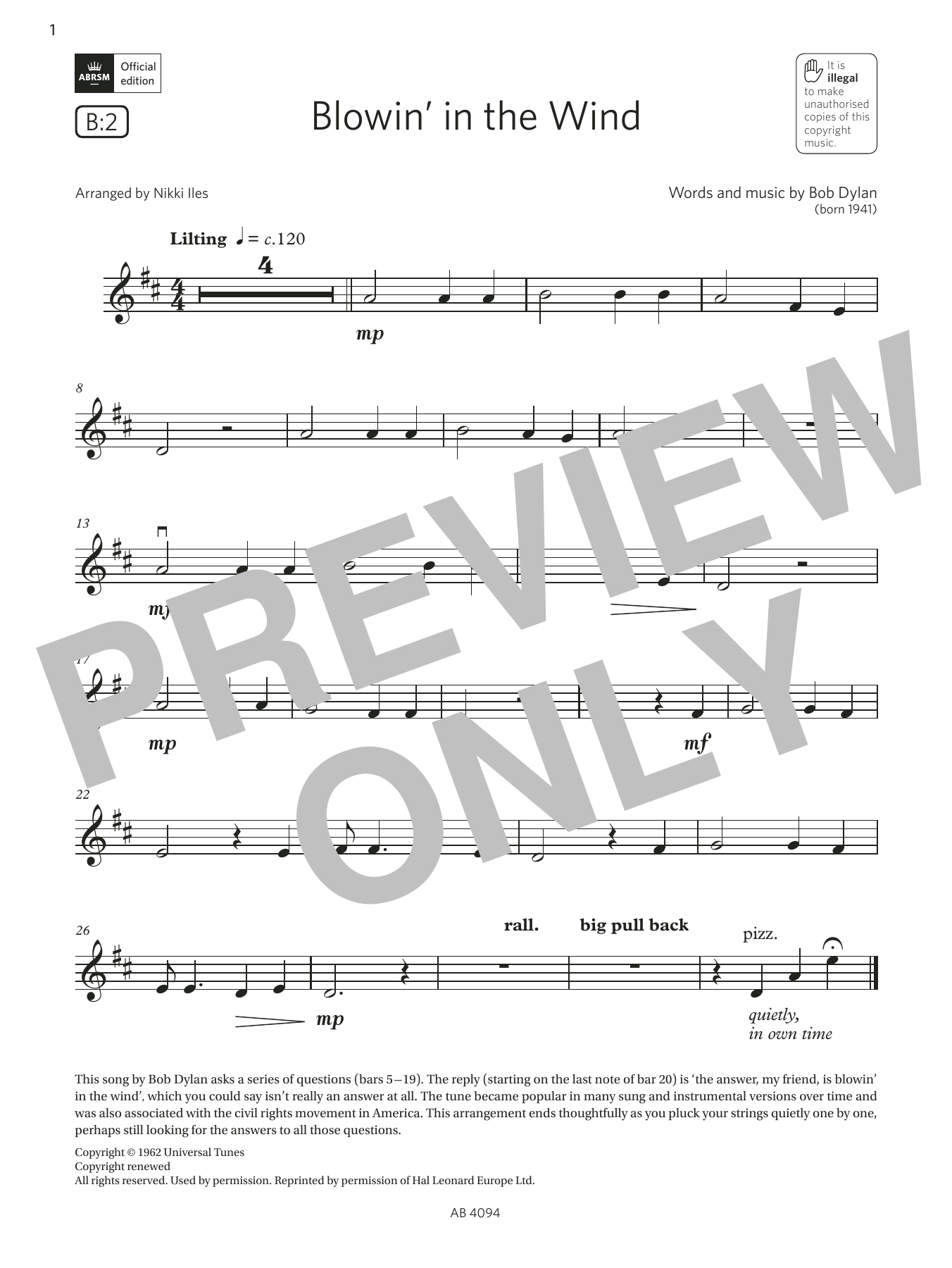 Bob Dylan Blowin' in the Wind (Grade Initial, B2, from the ABRSM Violin Syllabus from 2024) Sheet Music Notes & Chords for Violin Solo - Download or Print PDF
