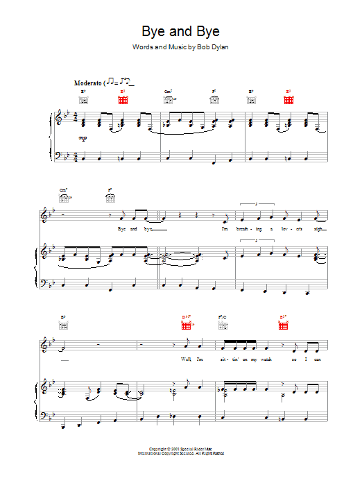 Bob Dylan Bye and Bye Sheet Music Notes & Chords for Piano, Vocal & Guitar (Right-Hand Melody) - Download or Print PDF