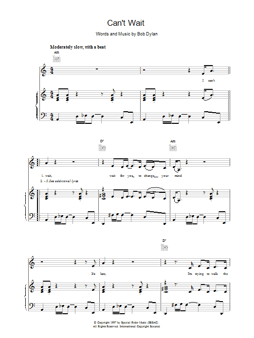 Bob Dylan Can't Wait Sheet Music Notes & Chords for Piano, Vocal & Guitar (Right-Hand Melody) - Download or Print PDF