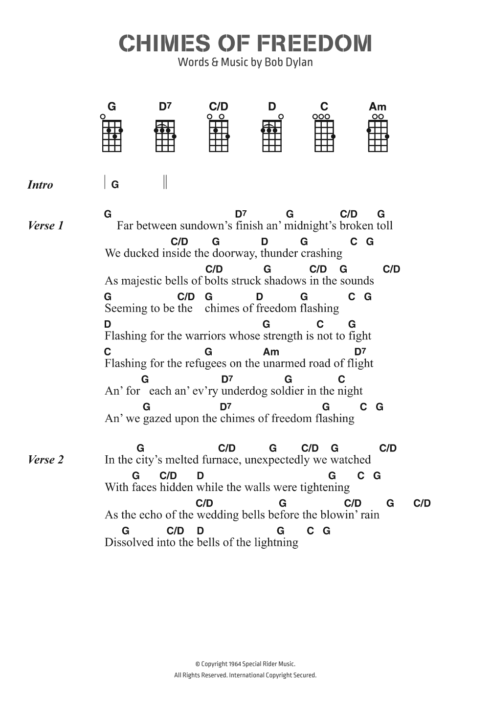 Bob Dylan Chimes Of Freedom Sheet Music Notes & Chords for Ukulele Lyrics & Chords - Download or Print PDF