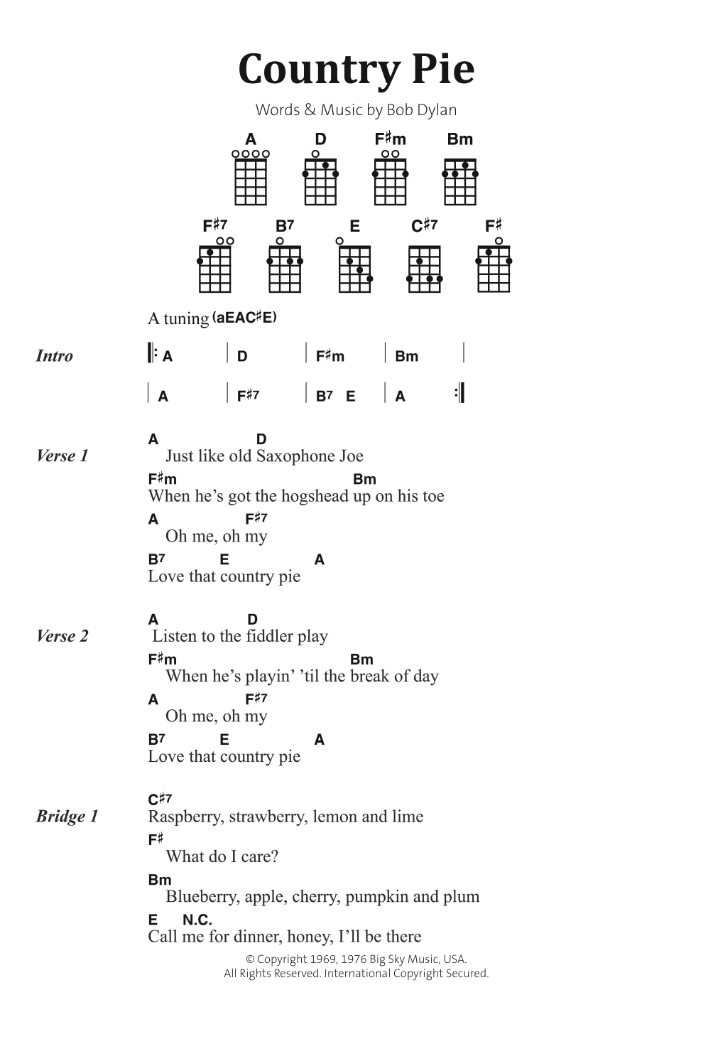 Bob Dylan Country Pie Sheet Music Notes & Chords for Banjo Lyrics & Chords - Download or Print PDF