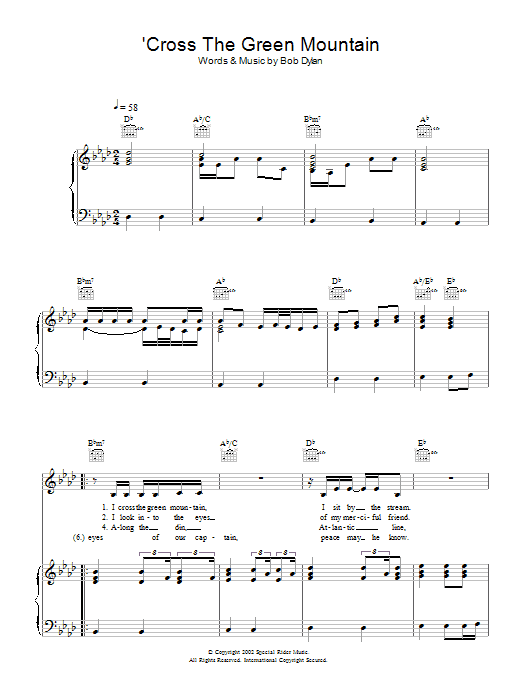 Bob Dylan 'Cross Green Mountain Sheet Music Notes & Chords for Piano, Vocal & Guitar - Download or Print PDF