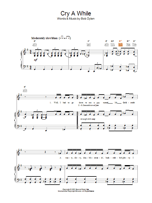 Bob Dylan Cry A While Sheet Music Notes & Chords for Piano, Vocal & Guitar (Right-Hand Melody) - Download or Print PDF