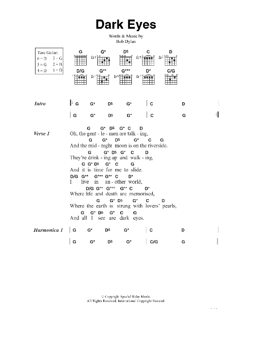 Bob Dylan Dark Eyes Sheet Music Notes & Chords for Piano, Vocal & Guitar (Right-Hand Melody) - Download or Print PDF