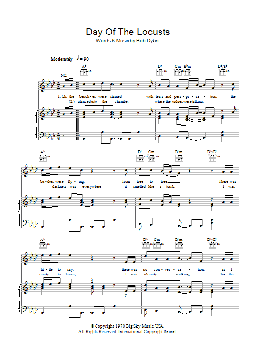 Bob Dylan Day Of The Locusts Sheet Music Notes & Chords for Piano, Vocal & Guitar (Right-Hand Melody) - Download or Print PDF