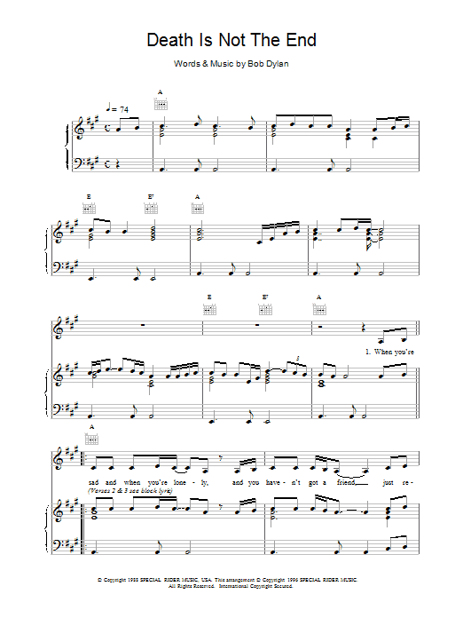 Bob Dylan Death Is Not The End Sheet Music Notes & Chords for Piano, Vocal & Guitar (Right-Hand Melody) - Download or Print PDF