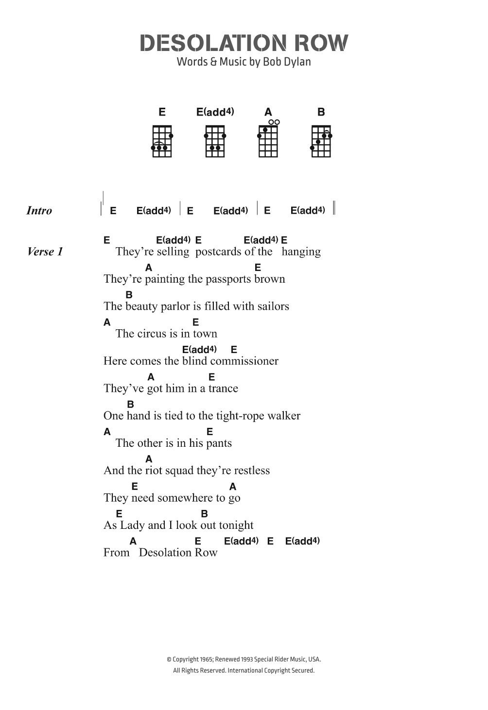 Bob Dylan Desolation Row Sheet Music Notes & Chords for Ukulele Lyrics & Chords - Download or Print PDF