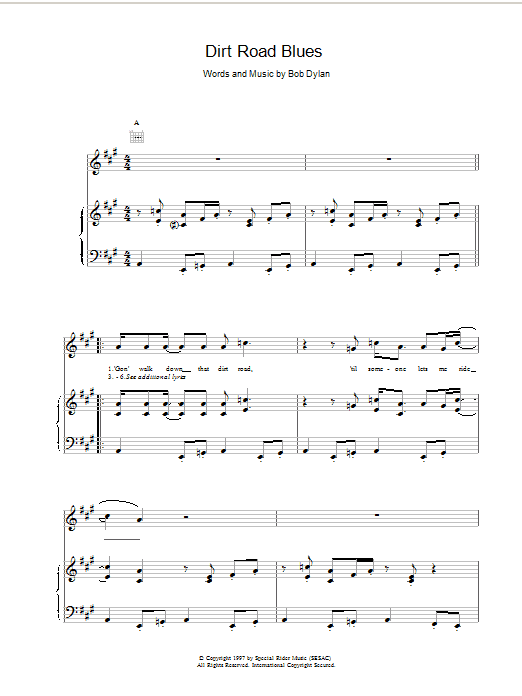 Bob Dylan Dirt Road Blues Sheet Music Notes & Chords for Piano, Vocal & Guitar (Right-Hand Melody) - Download or Print PDF