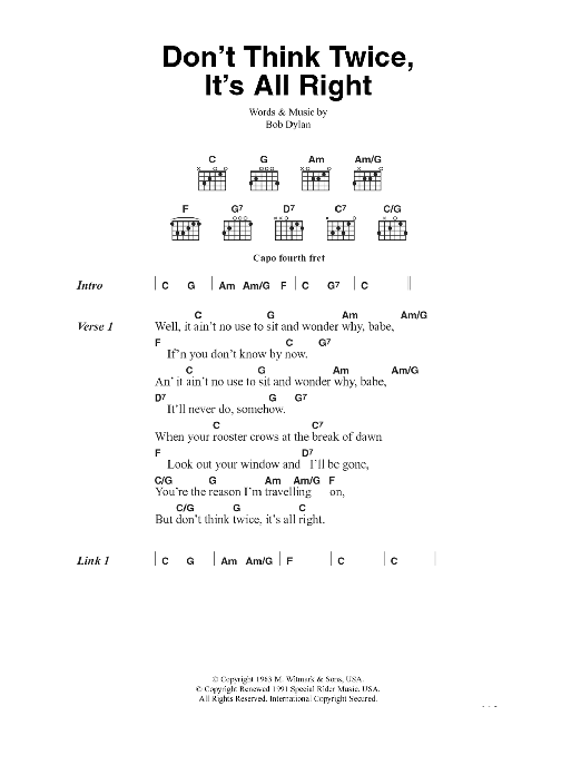 Bob Dylan Don't Think Twice, It's All Right Sheet Music Notes & Chords for Banjo - Download or Print PDF