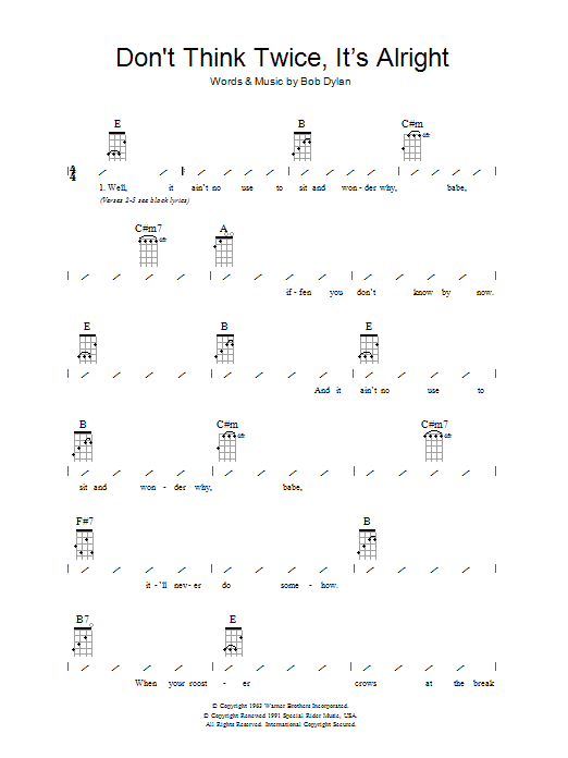 Bob Dylan Don't Think Twice, It's All Right Sheet Music Notes & Chords for Ukulele with strumming patterns - Download or Print PDF