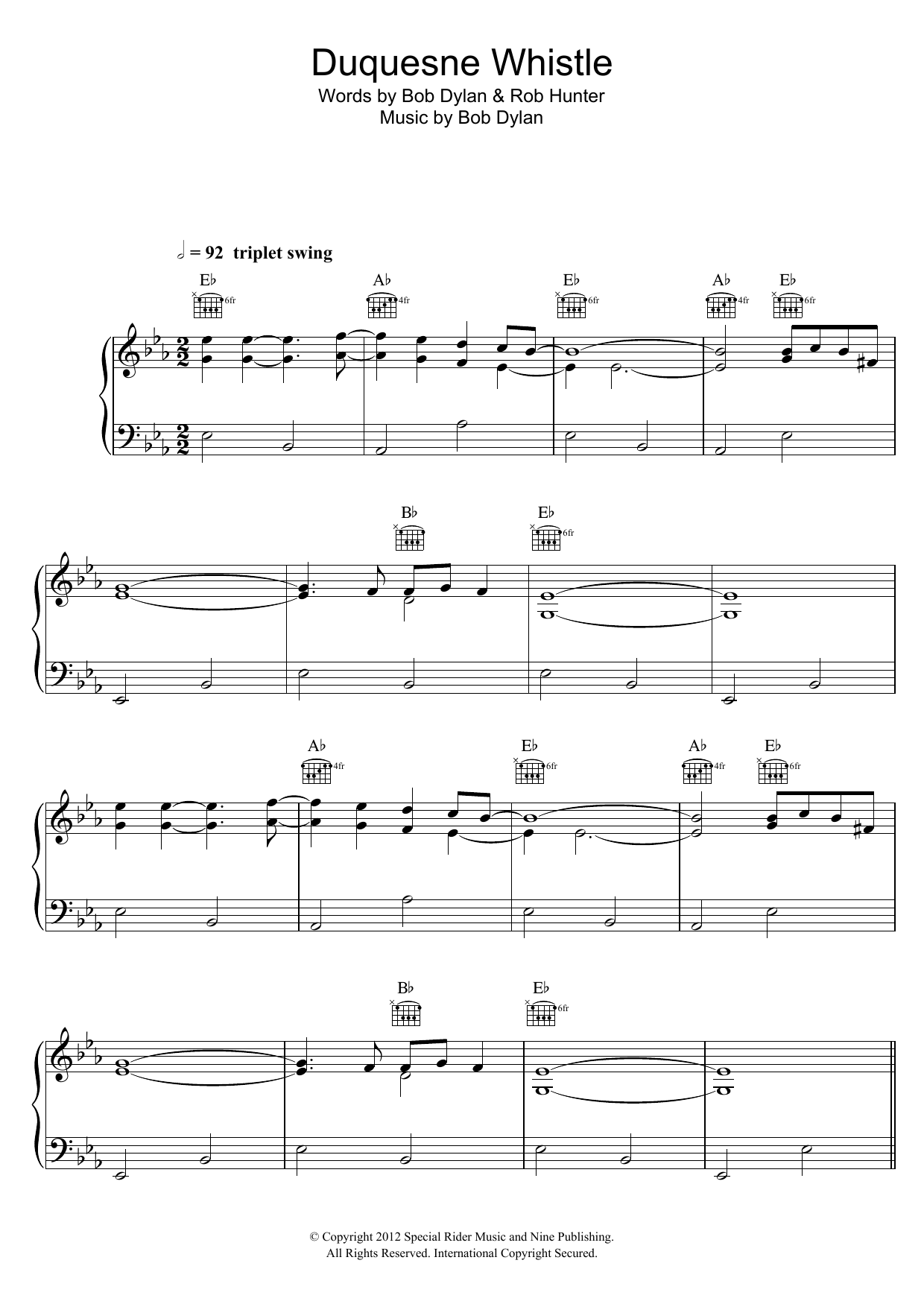 Bob Dylan Duquesne Whistle Sheet Music Notes & Chords for Piano, Vocal & Guitar (Right-Hand Melody) - Download or Print PDF
